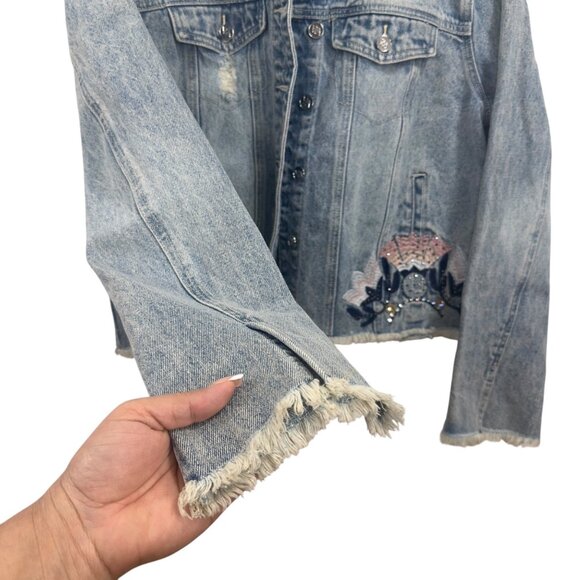 Bebe Distressed Denim Jacket W/ Embroidered Mandala Design & Raw Hem - Womens XL - Picture 11 of 15